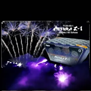 Aethra Z-1 Fächerbatterie von Funke Feuerwerk mit Brokatkronen, Blinksternen und Z-Shape-Fächerung.
