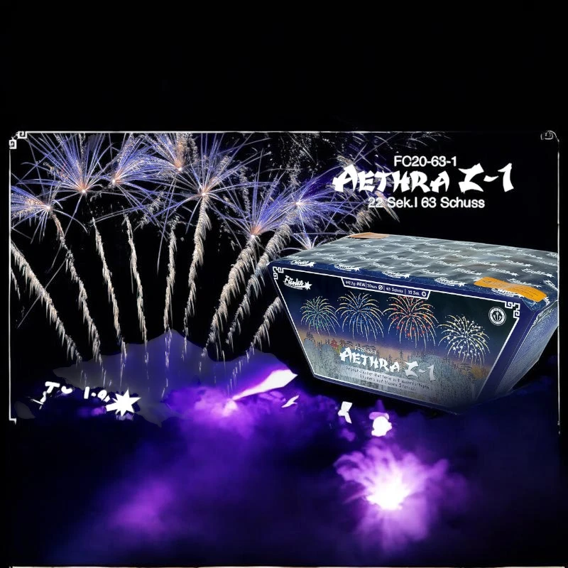 Aethra Z-1 Fächerbatterie von Funke Feuerwerk mit Brokatkronen, Blinksternen und Z-Shape-Fächerung.