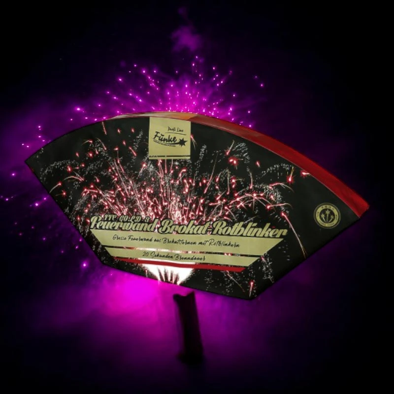 Feuerwand Brokat-Rotblinker Single-Shot Cake von Funke Feuerwerk mit großer Feuerwand aus Brokatsternen und Rotblinkern