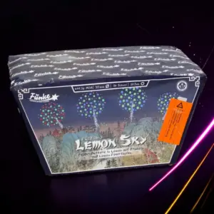 Lemon Sky Fächerbatterie von Funke Feuerwerk mit Lemon-Feuertöpfen, Blinksternen und Z-Shape-Fächerung.