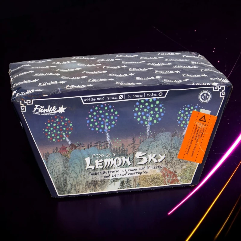 Lemon Sky Fächerbatterie von Funke Feuerwerk mit Lemon-Feuertöpfen, Blinksternen und Z-Shape-Fächerung.