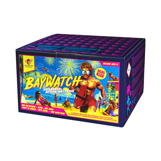 Baywatch Feuerwerksbatterie von Albert Feuerwerk mit blauen Leuchtsternen und goldenen Fächereffekten
