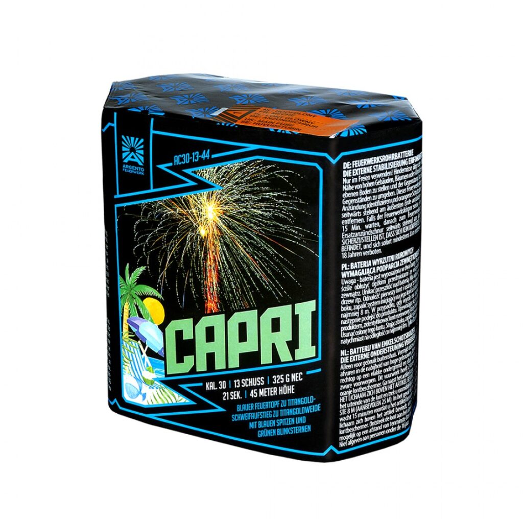 Capri von Argento – 13-Schuss-Batterie mit Titangoldweiden, blauen Spitzen und grünen Blinksternen
