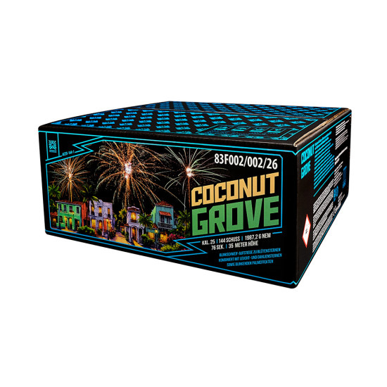 Coconut Grove von Argento – Verbundfeuerwerk mit bunten Blütensternen, Dahliensternen und blinkenden Titangoldpalmen