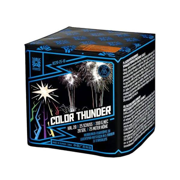Color Thunder von Argento Feuerwerk – 25-Schuss-Batterie mit Weißblinker-Feuertöpfen, farbigen Leuchtspur-Aufstiegen und Titansaluts