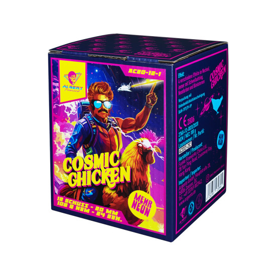 Cosmic Chicken von Albert Feuerwerk – 12-Schuss-Batterie mit bunten Schweifaufstiegen, Blinksternen und Neonfarben