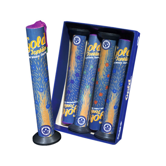 Gold-Fontänen mit Farbsternen von Funke Feuerwerk in Rot, Grün, Violett und Blau