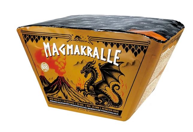 Draco Magmakralle mit gefächerten Goldfeuertöpfen, Goldschweifaufstiegen und Titansalutfinale