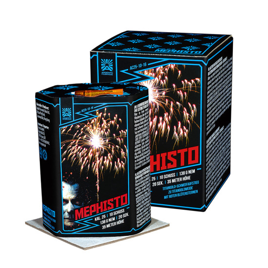 Mephisto von Argento – 10-Schuss-Feuerwerksbatterie mit Titangoldweiden und roten Blütensternen