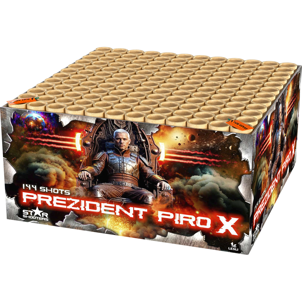 Prezident Piro X von Lesli – 144 Schuss mit goldenen Palmen, Weiden und Dahlien