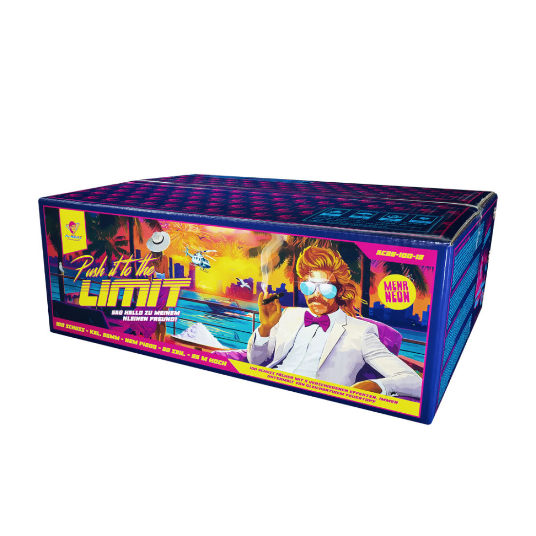 Push it to the Limit von Albert Feuerwerk – 100-Schuss-Fächerbatterie mit bunten Sternen, Titangoldweiden und Blinkeffekten