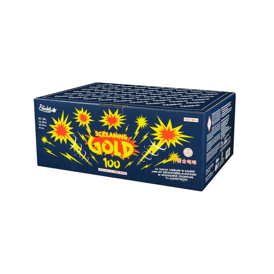 Screaming Gold 100 von Funke Feuerwerk mit Kreischwirbel-Aufstiegen, Goldregen, Corolla-Weiden und Brokatkronen