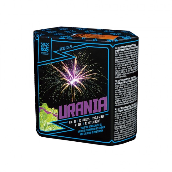 Urania von Argento – 13-Schuss-Batterie mit violettem Titanschweif, Titanpalme und grünen sowie goldenen Blinksternen