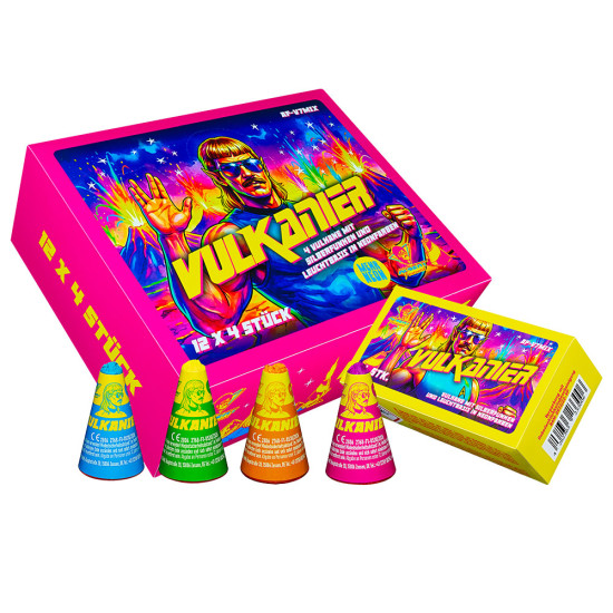 Vulkanier von Albert Feuerwerk mit vier Vulkanen in Lemon, Pink, Orange und Aqua mit silbernem Funkenauswurf