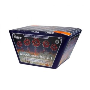 Weissblinker-Rot Z-1 von Funke – gefächerte Feuerwerksbatterie mit roten Sternen und weißen Blinkern