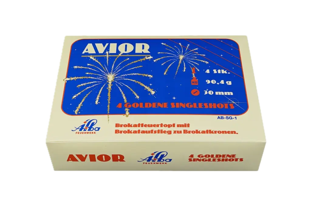Avior 4er Single-Shots von Alba Feuerwerk mit reinem Brokat-Goldeffekt