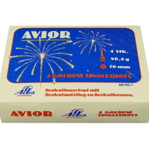 Avior 4er Single-Shots von Alba Feuerwerk mit reinem Brokat-Goldeffekt